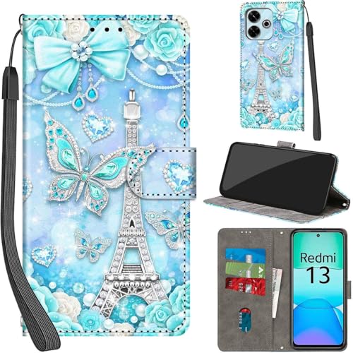 Handyhülle für Xiaomi Redmi 13 4G/5G Hülle PU Leder Schutzhülle Klappbar mit Kartenfach Ständer Handytasche mit Kameraschutz Flip Case Klapphülle für Xiaomi Redmi 13, Turm von Haninsuze