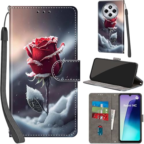 Handyhülle für Xiaomi Redmi 14C / Poco C75 Hülle PU Leder Schutzhülle Klappbar mit Kartenfach Ständer Handytasche mit Kameraschutz Flip Case Klapphülle, Rosen von Haninsuze