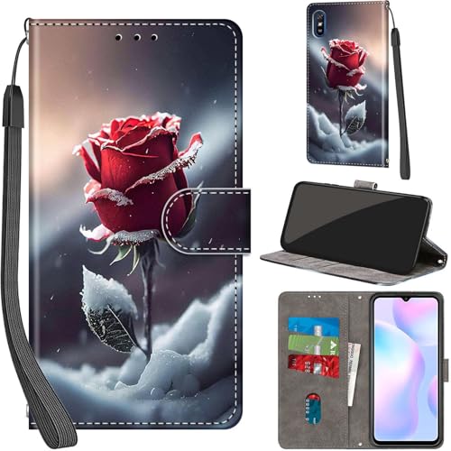 Handyhülle für Xiaomi Redmi 9A / 9AT Hülle PU Leder Schutzhülle Klappbar mit Kartenfach Ständer Handytasche mit Kameraschutz Flip Case Klapphülle für Xiaomi Redmi 9A, Rosen von Haninsuze