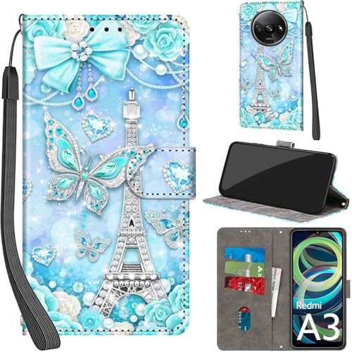 Handyhülle für Xiaomi Redmi A3/A3X Hülle PU Leder Schutzhülle Klappbar mit Kartenfach Ständer Handytasche mit Kameraschutz Flip Case Klapphülle für Redmi A3/A3X, Turm von Haninsuze