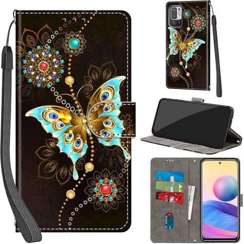 Handyhülle für Xiaomi Redmi Note 10 5G Hülle PU Leder Schutzhülle Klappbar mit Kartenfach Ständer Handytasche mit Kameraschutz Flip Case Klapphülle für Redmi Note 10 5G, grüner Schmetterling von Haninsuze