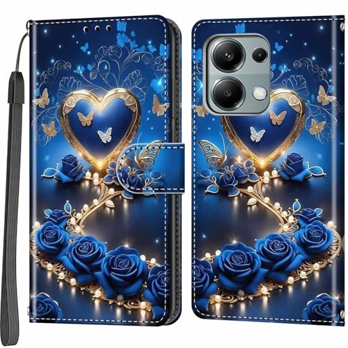 Handyhülle für Xiaomi Redmi Note 13 Pro 4G / Xiaomi Poco M6 Pro 4G Hülle, Magnetische Stoßfeste Flip Leder Schutzhülle Klapphülle, blaues Herz von Haninsuze