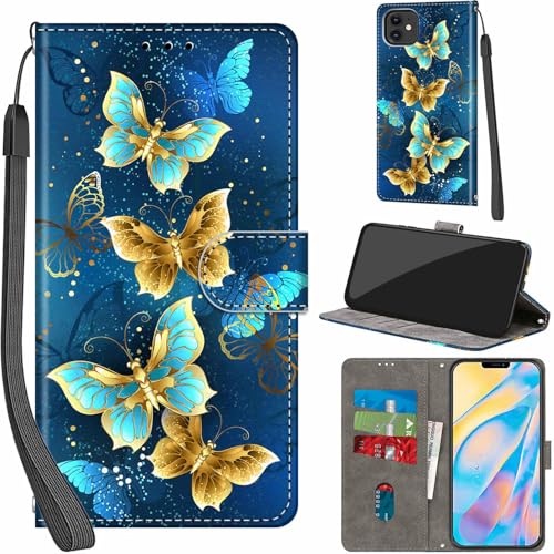 Handyhülle für iPhone 12/12 Pro Hülle PU Leder Schutzhülle Klappbar mit Kartenfach Ständer Handytasche mit Kameraschutz Flip Case Klapphülle für iPhone 12/12 Pro, Vier Schmetterlinge von Haninsuze