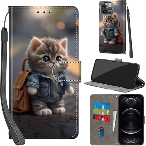 Handyhülle für iPhone 13 Pro Max Hülle PU Leder Schutzhülle Klappbar mit Kartenfach Ständer Handytasche mit Kameraschutz Flip Case Klapphülle für iPhone 13 Pro Max, Katze von Haninsuze