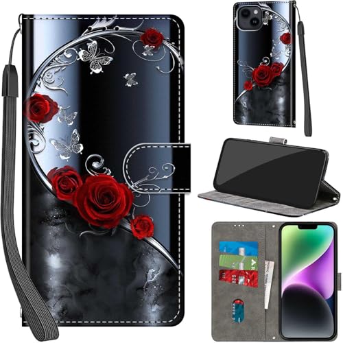 Handyhülle für iPhone 15 Plus Hülle PU Leder Schutzhülle Klappbar mit Kartenfach Ständer Handytasche mit Kameraschutz Flip Case Klapphülle für iPhone 15 Plus, silberner Schmetterling von Haninsuze