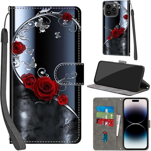 Handyhülle für iPhone 15 Pro Hülle PU Leder Schutzhülle Klappbar mit Kartenfach Ständer Handytasche mit Kameraschutz Flip Case Klapphülle für iPhone 15 Pro, silberner Schmetterling von Haninsuze