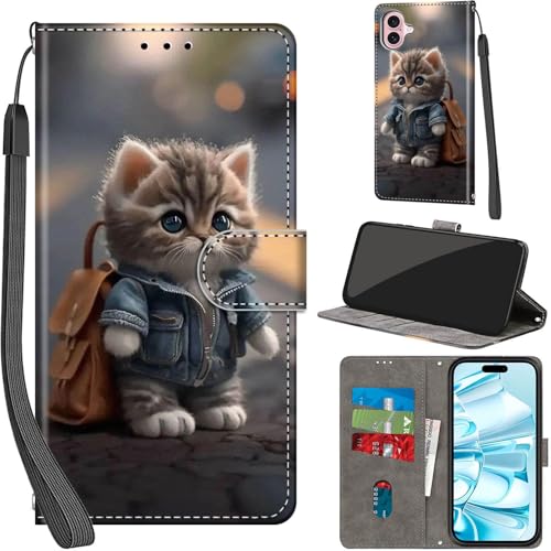 Handyhülle für iPhone 16 Hülle PU Leder Schutzhülle Klappbar mit Kartenfach Ständer Handytasche mit Kameraschutz Flip Case Klapphülle für iPhone 16, Katze von Haninsuze