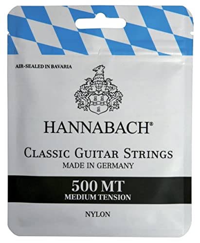 Hannabach 500MT Saiten für Klassikgitarre Satz Medium Tension, Diskantsaiten: Nylon, Bass: Nylonkern mit versilbertem Kupferdraht umsponnen von Hannabach