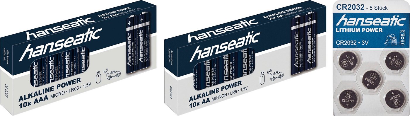 Hanseatic 25 Stück Batterie Mix Set Batterie, (25 St), 10x AA + 10x AAA + 5x CR 2032 von Hanseatic