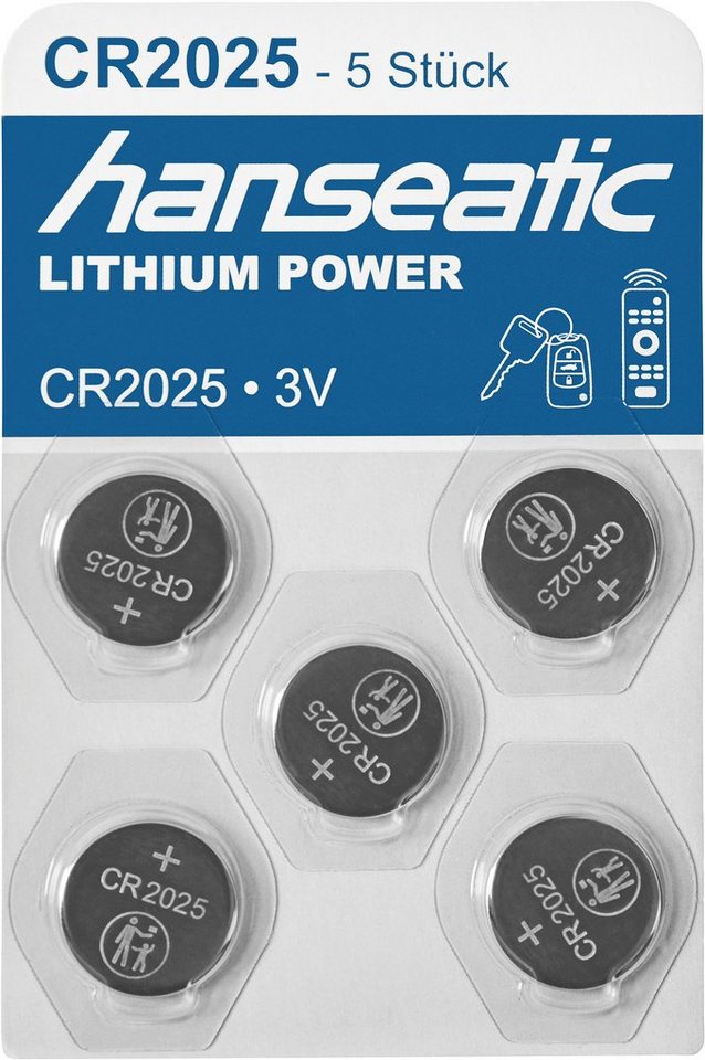 Hanseatic 5er Pack Lithium Batterie Knopfzelle, CR2025 (3 V, 5 St), bis zu 5 Jahren Lagerfähigkeit von Hanseatic