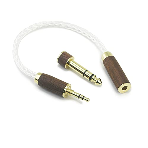 HansnBy 3,5 mm 1/8" TRS-Stecker und 6,3 mm 1/4"-Adapter auf 4,4 mm symmetrische Kopfhörer-Audio-Adapterkabel 8 Adern 6 N OCC Kupfer Einkristall versilberter Draht Walnussholzschale von HansnBy