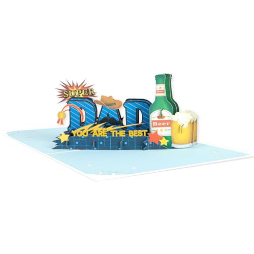 3D Pop-Up Vatertagskarte DAD mit Cowboyhut & Bier – SUPER DAD & YOU ARE THE BEST – Mit Sternen & Anzug-Design (Blau/Rot) – Geschenk für Papa von Haobase