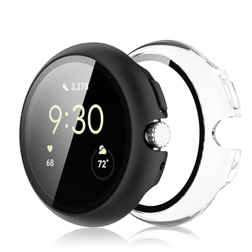 Haofun 2 Stück Hülle für Google Pixel Watch 3 41mm Schutzhülle mit Displayschutzfolie, Hard PC Ultra-dünne Anti-Fall Kratzfeste Schutz Case, Glas Displayschutz - Transparent + Schwarz von Haofun