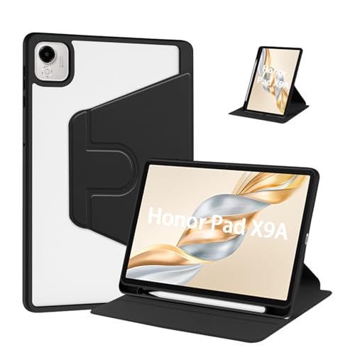 Haofun Hülle Kompatibel mit Honor Pad X9a, 360 Grad Drehbarer Schutzhülle mit klappbarem Ständer/Stiftschlitz, PU-Leder + Klare Acrylhülle, Schwarz von Haofun