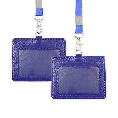 2 Stück Halteband Kartenhalter Horizontale Stil, PU Leder ID Kartenhalter mit Lanyard, 2-seitig Leder Ausweishülle mit 1 Ausweisfenster (Blue) von Haohai