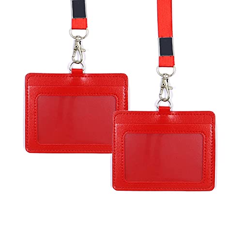 2 Stück Halteband Kartenhalter Horizontale Stil, PU Leder ID Kartenhalter mit Lanyard, 2-seitig Leder Ausweishülle mit 1 Ausweisfenster (Red) von Haohai