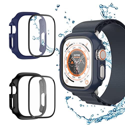 [2+2 Stück] Hülle für Apple Watch Ultra 49mm Schutzhülle,Haojavo Displayschutz Gehäuse Hart+HD Gehärtetes Glas Kratzfest Case Schutz Zubehör für Iwatch Ultra 49mm (Mitternachtsblau+Schwarz) von Haojavo