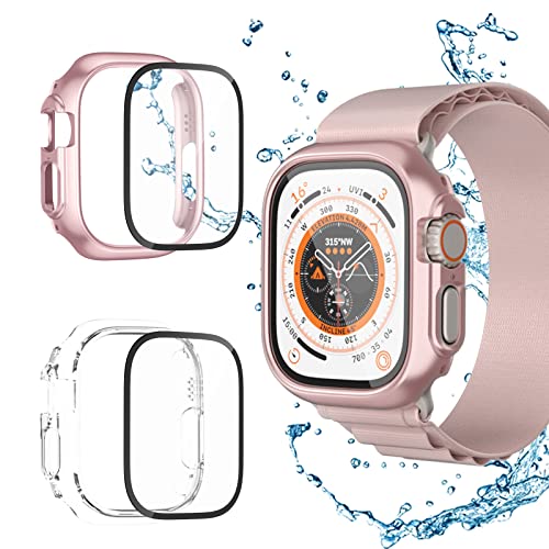 [2+2 Stück] Hülle für Apple Watch Ultra 49mm Schutzhülle,Haojavo Displayschutz Gehäuse Hart+HD Gehärtetes Glas Kratzfest Case Schutz Zubehör für Iwatch Ultra 49mm (Roségold+Klar) von Haojavo