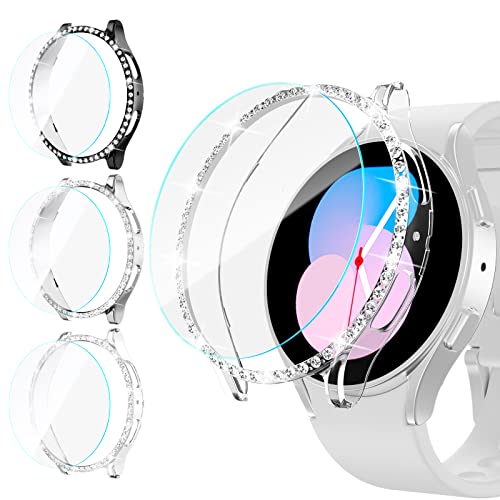 40MM Glitzer Hülle Schutzfolie Combo für Galaxy Watch 5 Watch 4, [3+3] Stück Haojavo Schutzhülle mit Strasssteine Schutz und HD Gehärtetes Displayschutz Kombination für Samsung Watch4 Watch5 40 MM von Haojavo