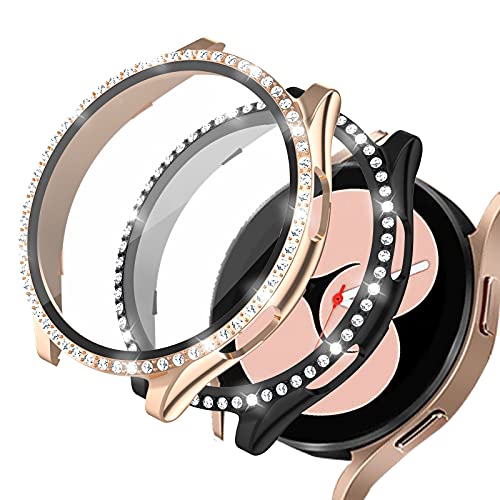 Haojavo Schutzhülle für Galaxy Watch 4, 44 mm, mit Displayschutzfolie aus gehärtetem Glas, glitzernde Kristalldiamanten, ultradünne Schutzhülle für Frauen und Mädchen, 2 Stück von Haojavo