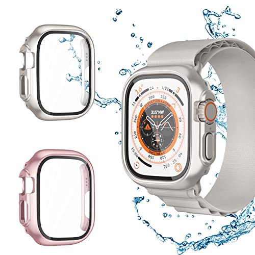 Hülle für Apple Watch Ultra 49mm Schutzhülle mit Displayschutz, Haojavo 2 Stück Schutz 360° Rundum Gehäuse Hart und HD Gehärtetes Glas Kratzfest Case Zubehör für Iwatch Ultra 49mm(Starburst+Roségold) von Haojavo