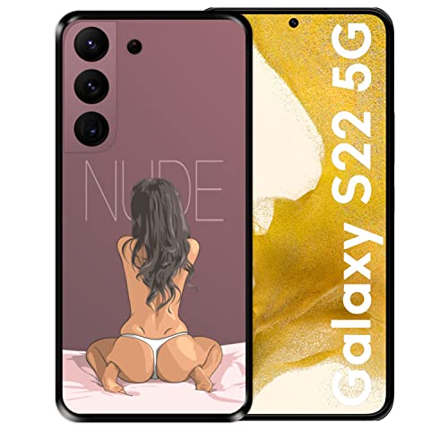 Hapdey Store Silikon Hülle für Samsung Galaxy S22 5G, Nude - Nacktes sexy Mädchen, das auf dem Bett sitzt, Schwarze Flexibles TPU von Hapdey Store