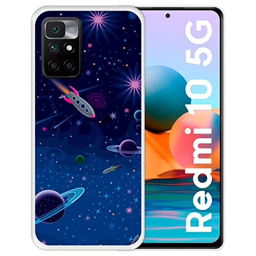 Hapdey Store Silikon Hülle für Xiaomi Redmi 10 5G, Kosmische Sicht, Planeten und Raumschiffe, Transparenz Flexibles TPU von Hapdey Store