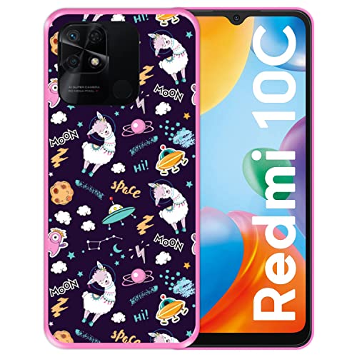 Hapdey Store Silikon Hülle für Xiaomi Redmi 10C, Lama-Einhorn im Raum, Welcome to The Moon, Rosa Flexibles TPU von Hapdey Store