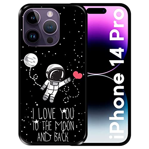 Silikon Hülle für Apple iPhone 14 Pro, Astronaut, Love You to The Moon and Back, Schwarze Flexibles TPU von Hapdey Store