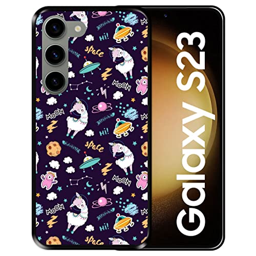 Silikon Hülle für Samsung Galaxy S23, Lama-Einhorn im Raum, Welcome to The Moon, Schwarze Flexibles TPU von Hapdey Store