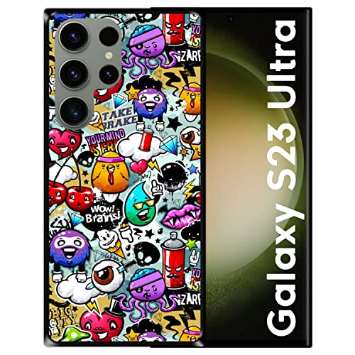 Silikon Hülle für Samsung Galaxy S23 Ultra, Abstrakt, Graffitibeschaffenheit mit lebhaften Charakteren 2, Schwarze Flexibles TPU von Hapdey Store