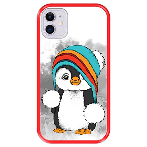 Hapdey silikon Hülle für [ Apple iPhone 11 ] Design [ Baby Pinguin, Winter ] Rot Flexibles TPU von Hapdey