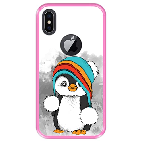 Hapdey silikon Hülle für [ Apple iPhone X - XS ] Design [ Baby Pinguin, Winter ] Rosa Flexibles TPU von Hapdey