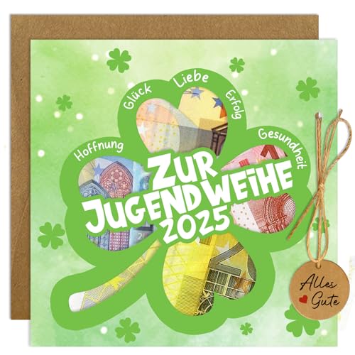 Happirra Geldgeschenk Jugendweihe Karte mit Umschlägen, Geldgeschenke Verpackung Jugendweihe Geschenke Mädchen Junge, Glücksklee Glückwunschkarte Geschenke zur Jugendweihe 2025 von Happirra