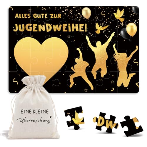 24-teilig Jugendweihe Gutschein Puzzle, Geschenke zur Jugendweihe Mädchen Junge, Schwarzes Gold Gutschein zum Selber Ausfüllen mit Baumwoll-Säckchen, Personalisierte Eine Kleine Überraschung Geschenk von Happirra