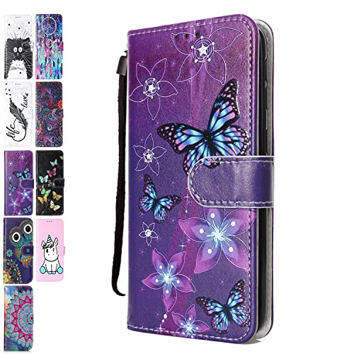 Lederhülle kompatibel für Samsung Galaxy A12 4G 5G Hülle 3D Muster Lila Schmetterling Handyhülle Flip Case Cover Schutzhülle mit Kartenfach Handytasche für Mädchen Damen von Happy Cover