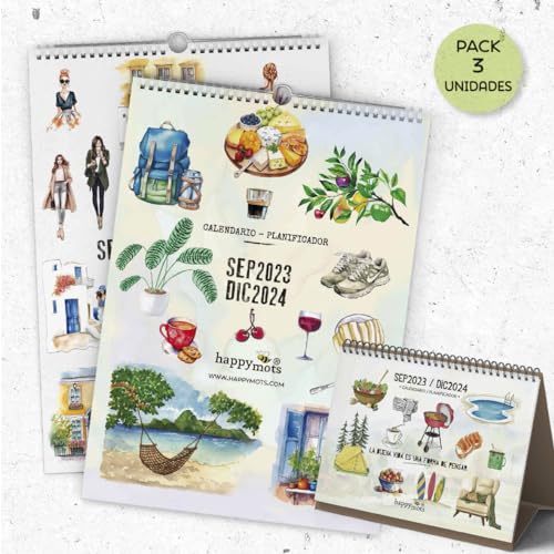 HappyMots 2er Pack Wandkalender 2023 2024 + Tischkalender 2023 2024 | 16 Monate Sep. 2023 bis Dez. 2024 | Kalender 2024 Monatsplaner | A3 + A5 | Mit Platz für Notizen von HappyMots