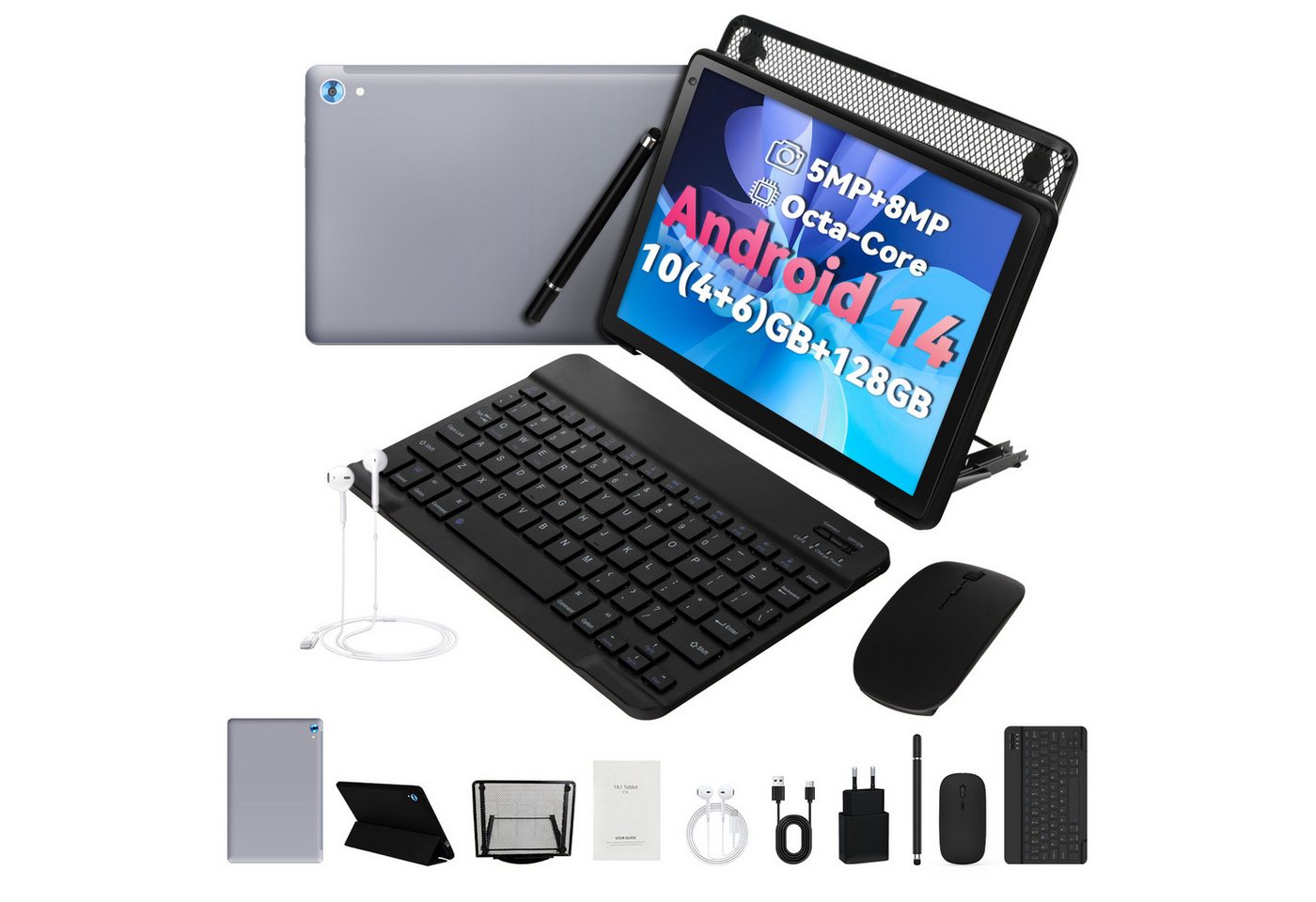 Happybe Octa-Core-Prozessor, 1280 * 800 IPS HD 14GB RAM 128GB ROM 8-in-1 Kit Tablet (10", 128 GB, BT5.0, Hülle,Maus, Kopfhöre,Netzstecke, Kabel) von Happybe