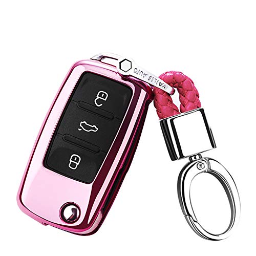 Happyit TPU Weiche Autoschlüssel Hülle mit Schlüsselanhänger für VW Volkswagen Skoda Golf7 Tiguan Passat Jetta MK4 MK5 MK6 T5 (Rosa) von Happyit