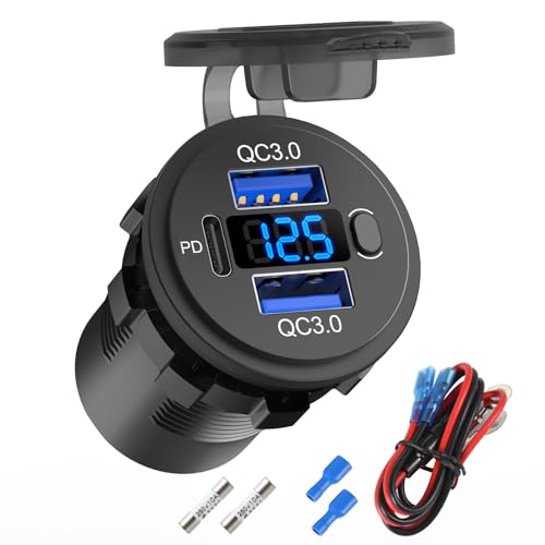 12 Volt USB-Steckdose Dual Quick Charge 3.0 Port und PD3.0 USB C Auto-Ladebuchse, wasserdichte 12V Steckdose Zigarettenanzünder Ersatz DIY Kit mit Voltmeter und Schalter für Auto Boot Wohnmobil, LKW von Hapytrip