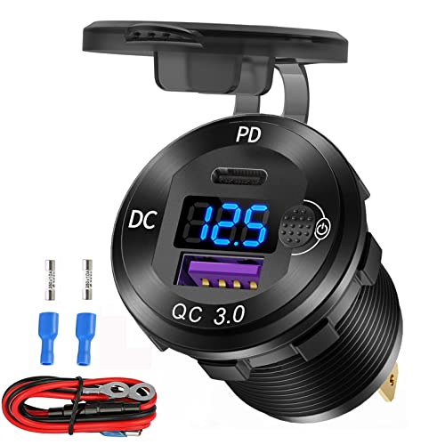 12V USB C Aluminium Auto-Ladebuchse, 12 Volt USB-Steckdose, PD 20W und Quick Charge 3.0 18W Auto-USB-Anschluss wasserdicht mit Voltmeter & Netzschalter, geeignet für Marine LKW Motorrad Boot Golfwagen von Hapytrip