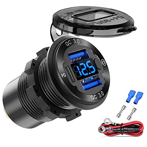 12V USB Steckdose Draht Aluminium Auto Ladegerät Multi Port, Dual USB QC 3.0 Port und PD USB-C Buchse mit Voltmeter Schalter für Auto Boot Marine LKW, schnelles Aufladen für iPhone iPad Android Handy von Hapytrip