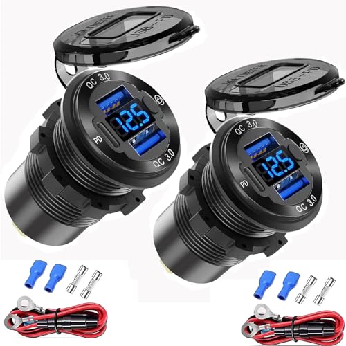 12V USB Steckdose Draht Aluminium Auto Ladegerät Multi Port, Dual USB QC 3.0 Port und PD USB-C Buchse mit Voltmeter Schalter für Auto Boot Marine LKW, schnelles Aufladen für lPhone lPad Android Handy von Hapytrip