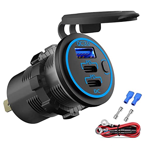 12V USB-Steckdose Draht USB-Ladegerät Multi Port, Dual PD3.0 USB-C und QC3.0 Auto-USB-Anschluss-Buchse mit Netzschalter, Schnellladegerät für iPhone iPad Android Phones, geeignet für Auto Boot Marine von Hapytrip