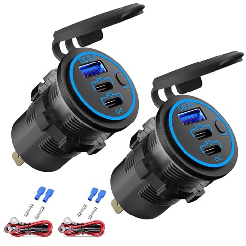 12V USB Steckdose USB-Ladegerät Mehrere Anschlüsse, Dual PD3.0 USB-C und Quick Charge 3.0 Auto-USB-Anschlussbuchse mit Netzschalter, Schnell-Ladegerät für Handy und Tablet, Geeignet für Auto Boot von Hapytrip