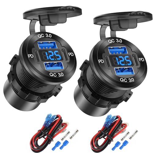 2 Pack 4 Port 12V USB Steckdose Aluminium Ladegerät, 78W Dual PD & QC Multiple USB Port für Auto, USB C Zigarettenanzünder Ersatz 12 Volt Steckdose mit Voltmeter für Marine Boot Motorrad RV von Hapytrip