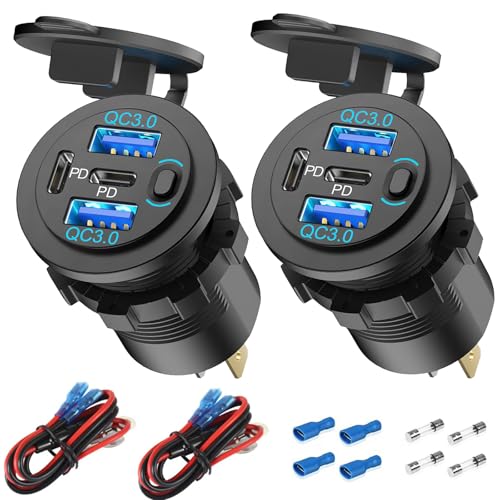 2 Pack 78W 12V USB-Steckdose Auto-Ladegerät, Superschnell Zweifach PD3.0 & QC3.0 Mehrere USB-Anschlüsse für Auto, USB C Zigarettenanzünder-Ersatz 12-Volt-Steckdose Wasserdicht für Marine Boot Motorrad von Hapytrip