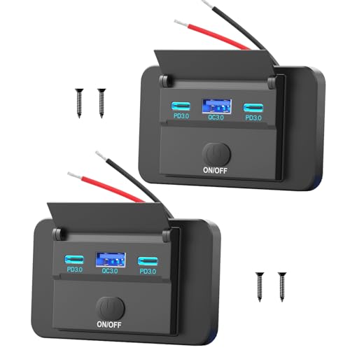 2er-Pack 12V USB Steckdose Aufputz Leichtgewicht Dualer USB C 30W und QC3.0 18W Auto USB Anschluss, 12 Volt USB Zigarettenanzünder Ersatz-Ladegerät Panel mit Knopfschalter für Bus Schifffahrt Motorrad von Hapytrip