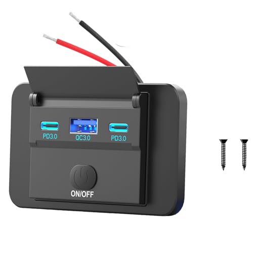 78W 12V USB Steckdose Aufputz Leichtgewicht Dualer USB C 30W und QC 3.0 18W Auto USB Anschluss, 12 Volt USB Zigarettenanzünder Ersatz-Ladegerät Panel mit Knopfschalter für Bus Schifffahrt Motorrad von Hapytrip