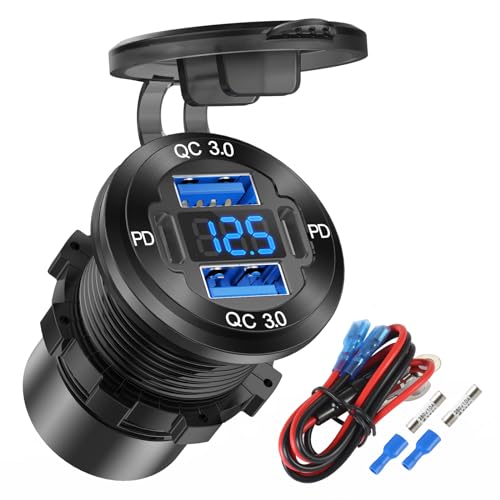 4-Anschluss 12V USB Steckdose Aluminium-Ladegerät, 78W Dual PD & QC kfz-USB-Anschluss, USB C Zigarettenanzünder-Ersatz 12 Volt einbaubuchse mit Voltmeter Wasserdicht für Boot, Motorrad, Wohnmobil von Hapytrip